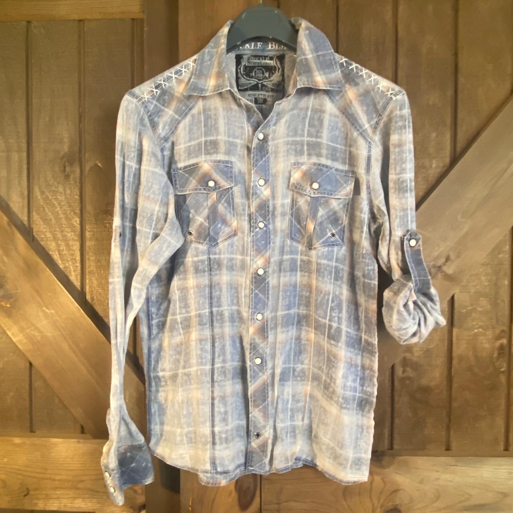 Buckle Black Label Western Shirt Mens Medium Plaid Pearl Snap Acid Wash Athletic